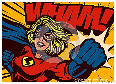 Pop art comics style superheroine punching with female superhero costume vintage comic book vector illustration Vector Illustration