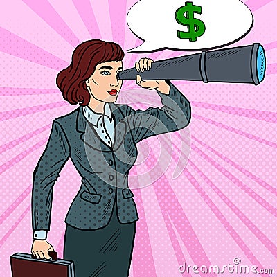 Pop Art Confident Business Woman Looking in Spyglass Searching Money Vector Illustration