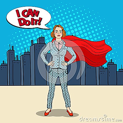 Pop Art Confident Business Woman Super Hero in Suit with Red Cape Vector Illustration