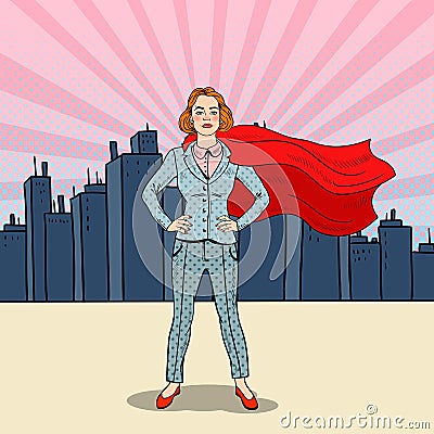 Pop Art Confident Business Woman Super Hero in Suit with Red Cape Vector Illustration