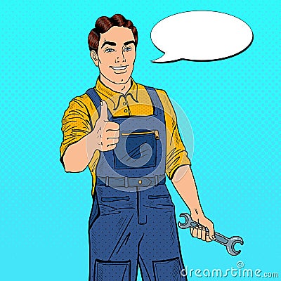 Pop Art Confident Smiling Mechanic with Wrench Thumbs Up Vector Illustration