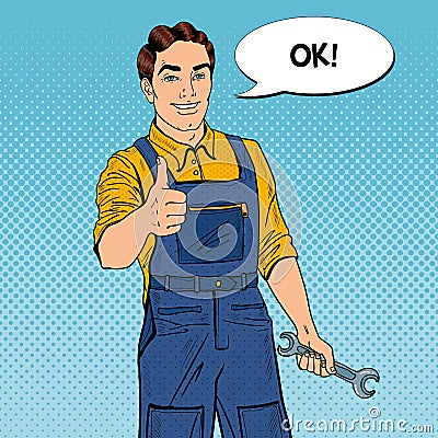 Pop Art Confident Smiling Mechanic with Wrench Thumbs Up Vector Illustration