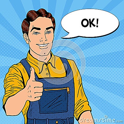 Pop Art Confident Smiling Mechanic with Wrench Thumbs Up Vector Illustration