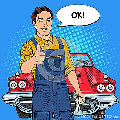 Pop Art Confident Smiling Mechanic with Wrench Thumbs Up Vector Illustration