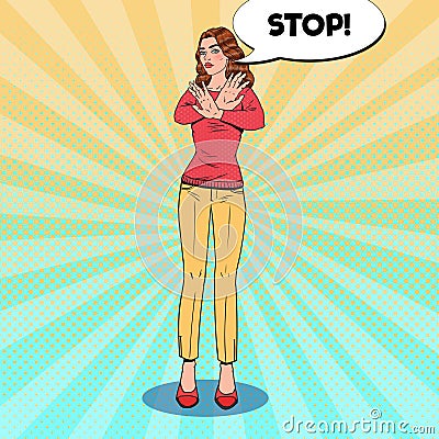 Pop Art Confident Woman Showing Stop Hand Sign Vector Illustration