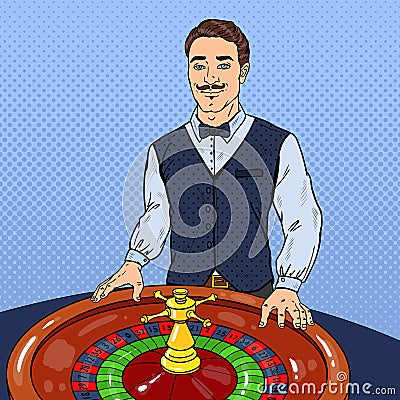 Pop Art Croupier Behind Roulette. Casino Gambling Vector Illustration