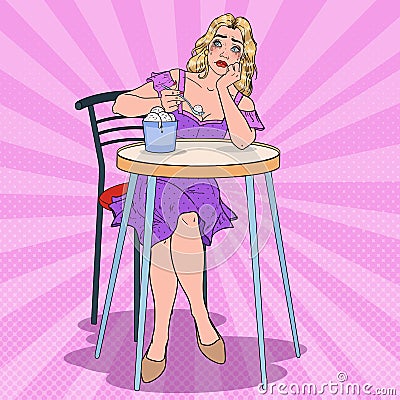 Pop Art Crying Alone Woman Eating Ice Cream. Upset Single Girl Bored in Cafe Vector Illustration