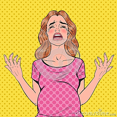 Pop Art Crying Pregnant Woman. Pregnancy Hormones Depressed Young Mother Vector Illustration