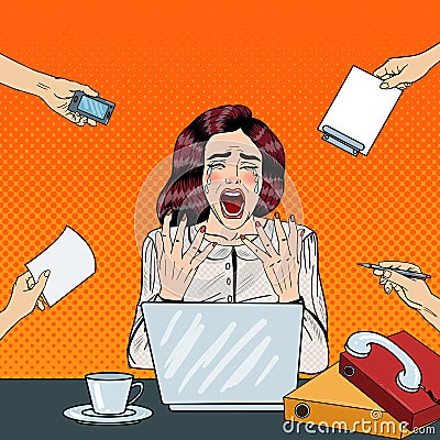 Pop Art Crying Stressed Business Woman Screaming at Multi Tasking Office Work Vector Illustration