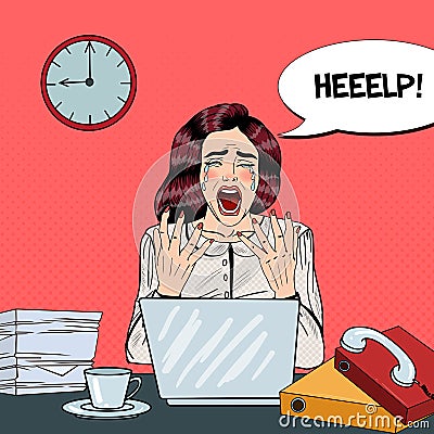 Pop Art Crying Stressed Business Woman Screaming at Multi Tasking Office Work Vector Illustration