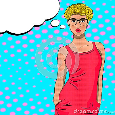 Pop art cute fashion woman with bubble sign. Vector Illustration