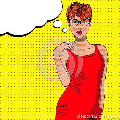Pop art cute fashion woman with bubble sign. Vector Illustration