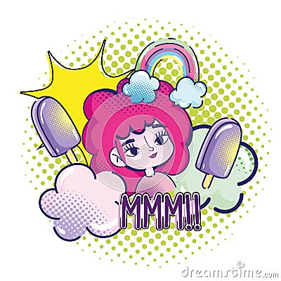 pop art cute girl pink hair ice creams rainbow explosion clouds halftone background Vector Illustration