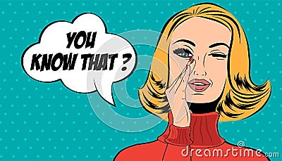 Pop art cute retro woman in comics style with message Cartoon Illustration