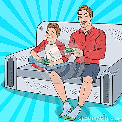 Pop Art Dad and Son Playing Video Game on a Game Console. Computer Gaming Vector Illustration