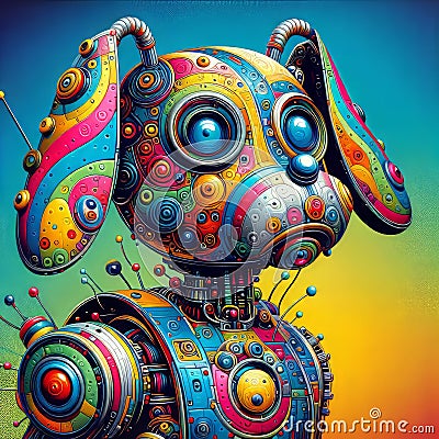 A pop art depiction of a colorful and whimsical robot dog, photo Stock Photo