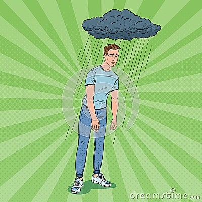 Pop Art Depressed Young Man Under the Rain. Confused Disappointed Guy. Facial Expression. Negative Emotion Vector Illustration