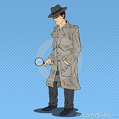 Pop Art Detective Searching with Magnifying Glass Vector Illustration