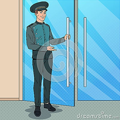 Pop Art Doorman Standing at Hotel Entrance. Doorkeeper in Uniform. Luxury Hotel Service Vector Illustration