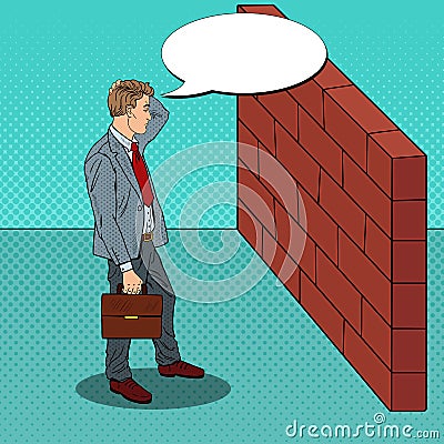 Pop Art Doubtful Businessman Standing in Front of a Brick Wall Vector Illustration