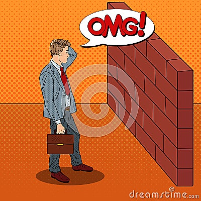 Pop Art Doubtful Businessman Standing in Front of a Brick Wall Vector Illustration