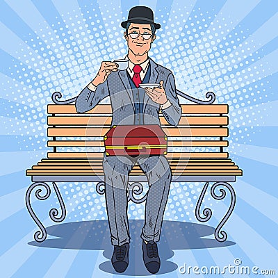 Pop Art Englishman Drinking Tea on the Bench in the Park. Coffee Break Vector Illustration