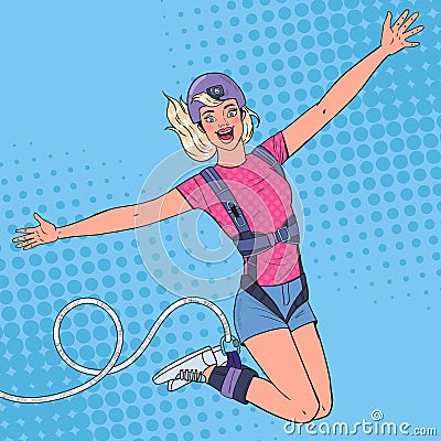 Pop Art Excited Beautiful Woman Jumping Bungee. Extreme Sports. Happy Girl Ropejumping Vector Illustration