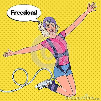 Pop Art Excited Beautiful Woman Jumping Bungee. Extreme Sports. Happy Girl Ropejumping Vector Illustration