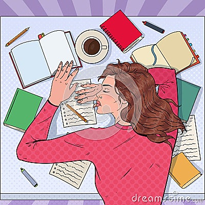 Pop Art Exhausted Female Student Sleeping on the Desk with Textbooks. Tired Woman Preparing for Exam Vector Illustration