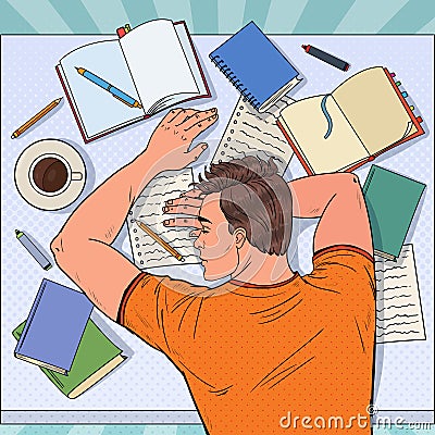 Pop Art Exhausted Male Student Sleeping on the Desk with Textbooks. Tired Man Preparing for Exam Vector Illustration