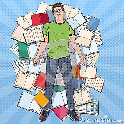 Pop Art Exhausted Student Lying on the Floor among Books. Overworked Young Man Preparing for Exams. Education Vector Illustration