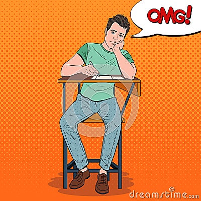 Pop Art Exhausted Student Sitting on the Desk During Boring University Lecture. Tired Handsome Man in College. Education Vector Illustration