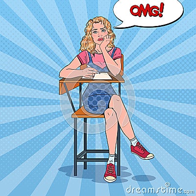 Pop Art Exhausted Student Sitting on the Desk During Boring University Lecture. Tired Pretty Woman in College. Education Vector Illustration
