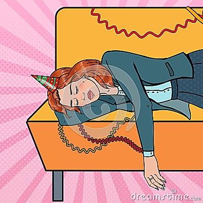 Pop Art Exhausted Woman Sleeping on Sofa after Night Office Vector Illustration