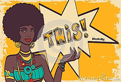 THIS, pop art face. Wonderful african woman with speech bubble. Vector colorful background in pop art retro comic Vector Illustration