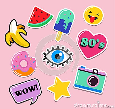 Pop art fashion chic patches, pins, badges and stickers Vector Illustration