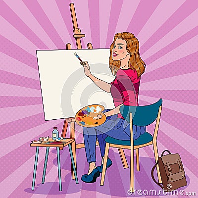 Pop Art Female Artist Painting at the Studio. Woman Painter in Workshop Vector Illustration
