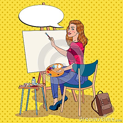 Pop Art Female Artist Painting at the Studio. Woman Painter in Workshop Vector Illustration