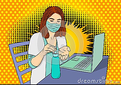 Female doctor disinfecting her hands before working on laptop Vector Illustration