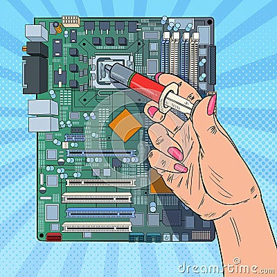 Pop Art Female Hand of Computer Engineer Repairing CPU on Motherboard. Maintenance PC Hardware Upgrade Vector Illustration