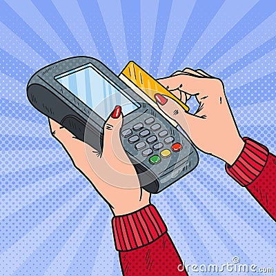 Pop Art Female Hands Swiping Credit Card with Bank Terminal. Payment with POS in Store Vector Illustration