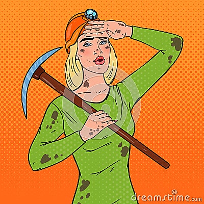 Pop Art Female Miner in Helmet with Pickaxe. Coal Industry Worker Vector Illustration