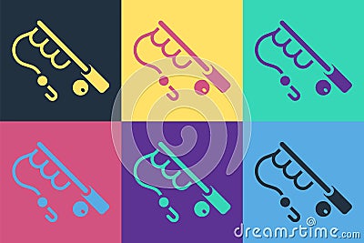 Pop art Fishing rod icon isolated on color background. Fishing equipment and fish farming topics. Vector Vector Illustration