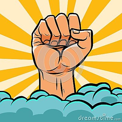 Pop art fist above the clouds Vector Illustration