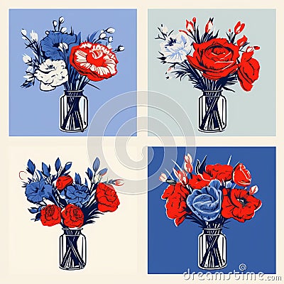 Pop Art Floral Set: Classic Still Life Compositions In Red, Blue, And White Cartoon Illustration