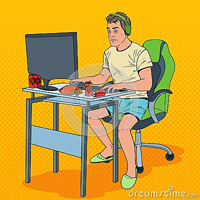 Pop Art Frustrated Man Playing Video Games. Computer Addicted Guy Vector Illustration