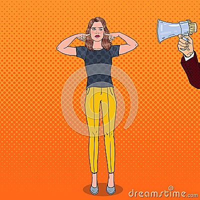 Pop Art Frustrated Woman Closed Ears with Fingers from Megaphone. Ignorance Concept Vector Illustration