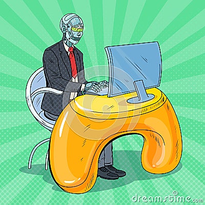 Pop Art Futuristic Robotic Man Working with Computer. Artificial Intelligence Technology. Robot Office Worker Vector Illustration