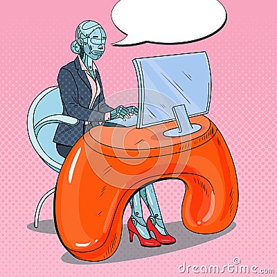 Pop Art Futuristic Robotic Woman Working with Computer. Artificial Intelligence Technology. Robot Office Worker Vector Illustration