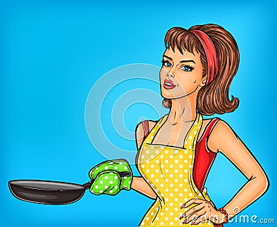 Pop art girl in an apron holding a frying pan. Vector Illustration